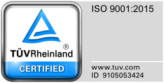 ISO 9001:2015 certified by TÜV Rheinland, certificate register number 01 100128107
